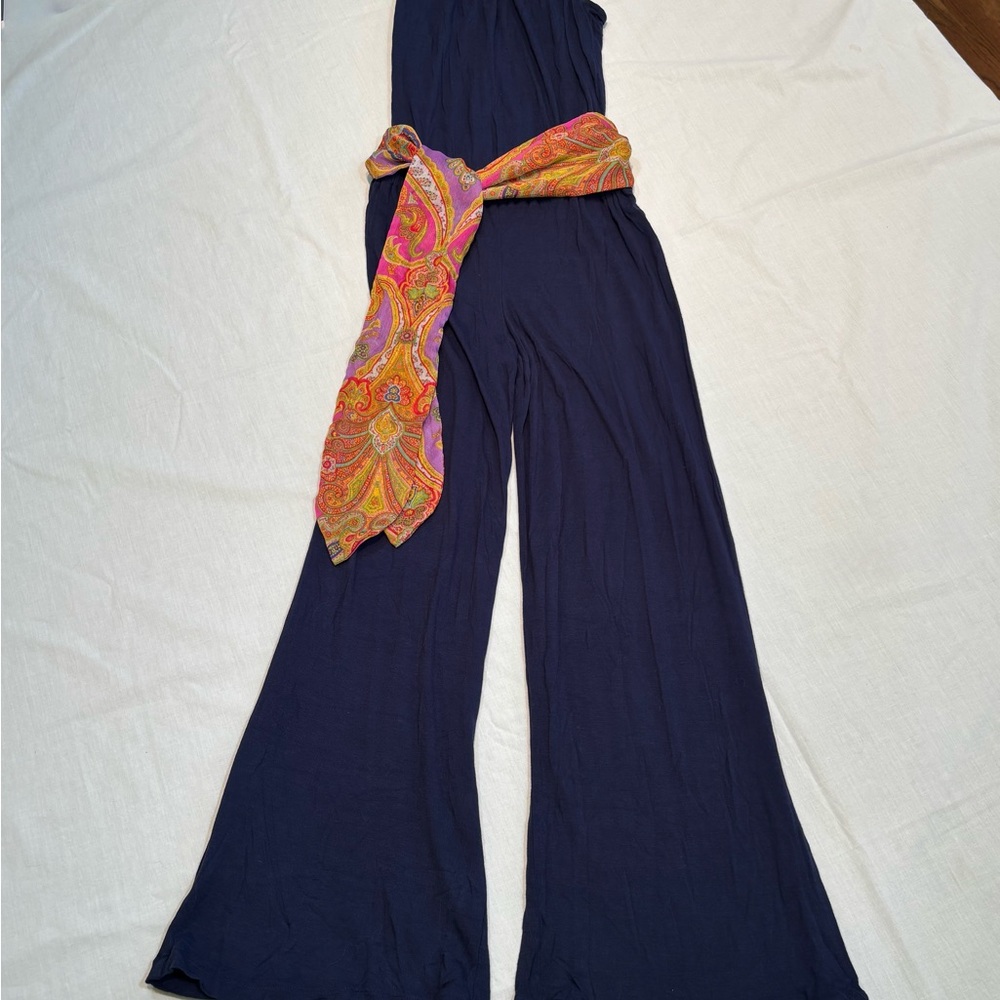 Source Unknown Navy Jumpsuit with Colorful Scarf